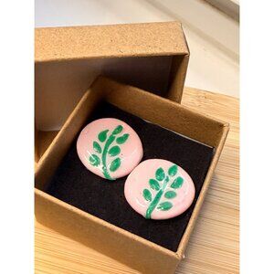 Handmade vintage Pink & Green Leaf Round Stud Earrings